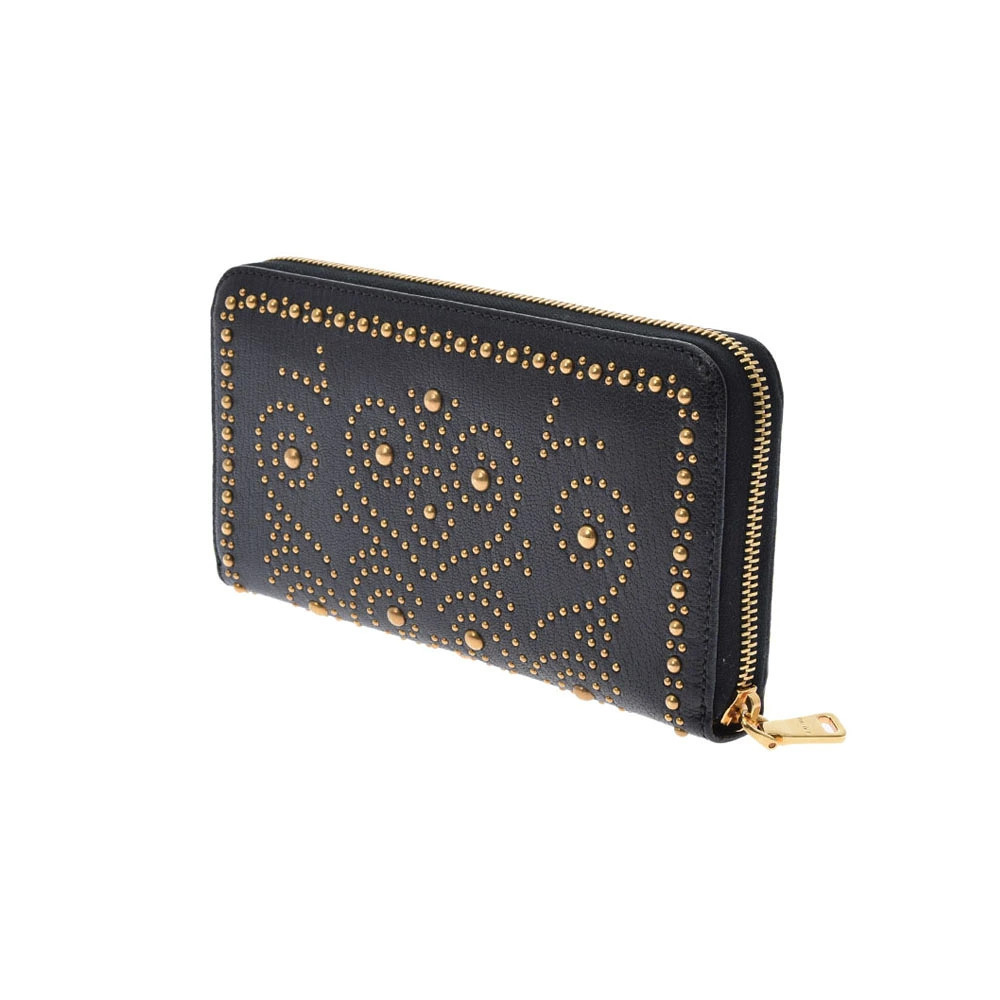 Miu Miu Zipper Black Calfskin Studded Round Long Wallet Black